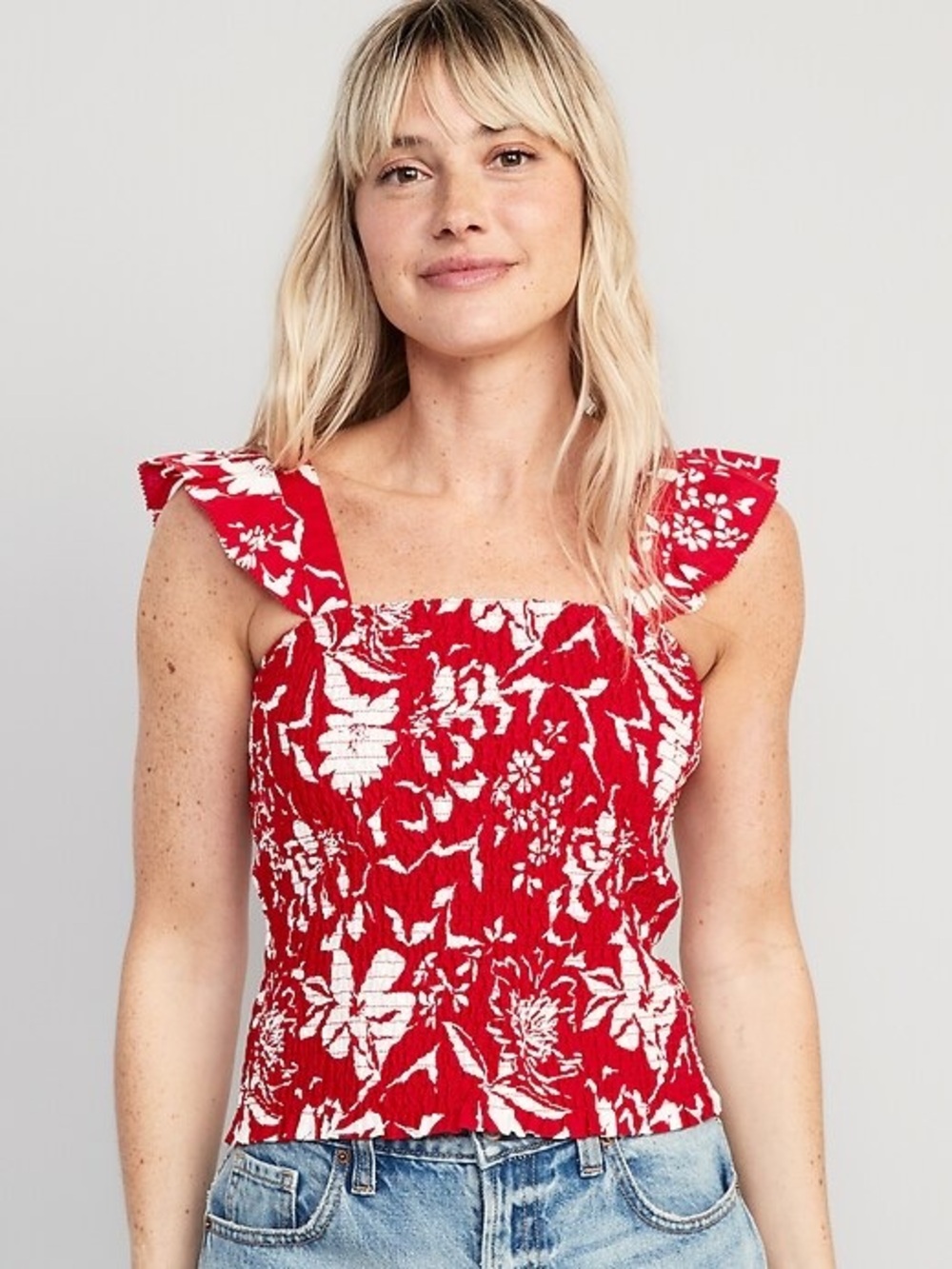 Old Navy Fitted Ruffle-Trim Smocked Floral Top L Flowerbed On Red Sleeveless